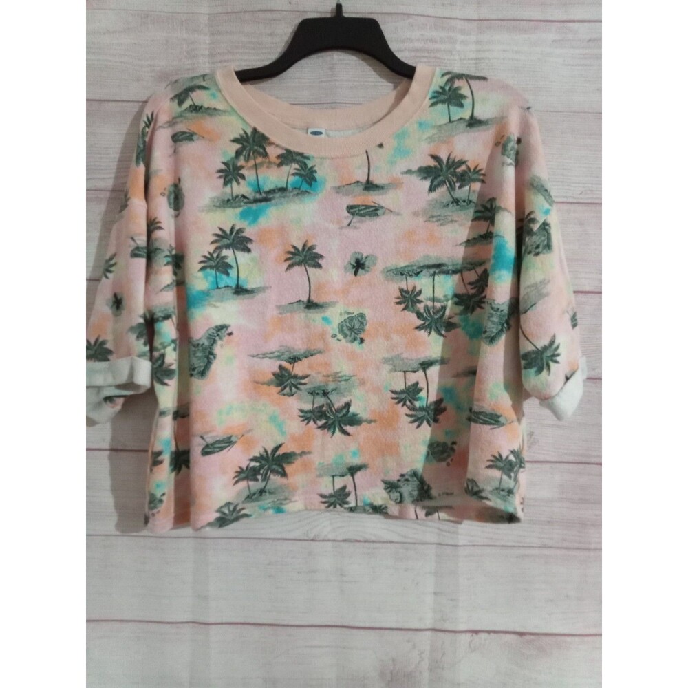 Old Navy Cropped Sweatshirt Women’s X Large Palm Trees Cotton Fleece 3/4 Sleeve
